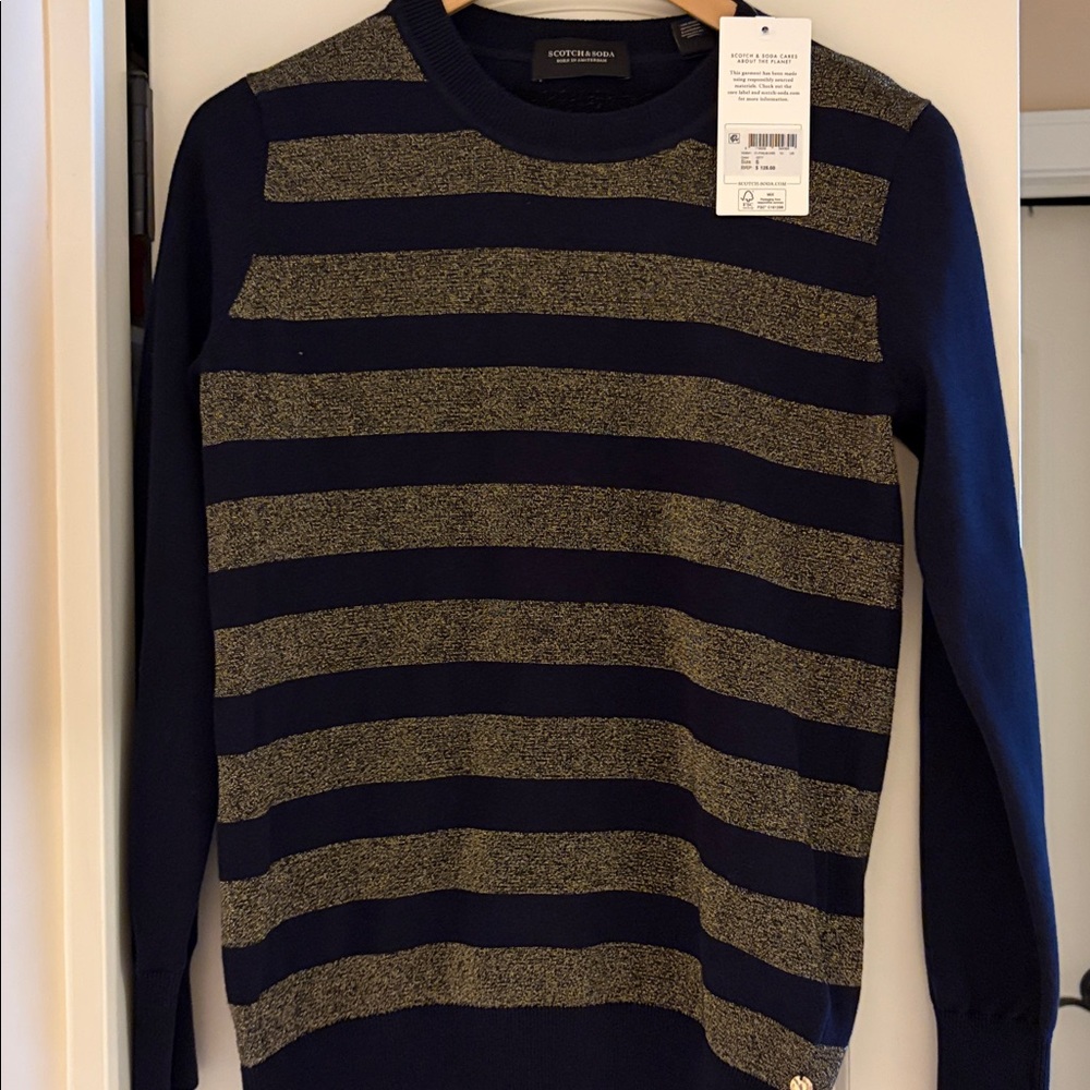 Scotch and Soda Navy and Gold sparkle stripe Navy Crewneck Sweater